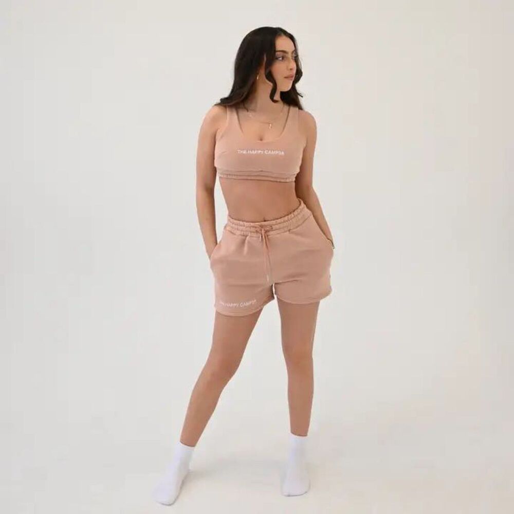 Happy Camp3r Beige High Rise Sweat Shorts, XS